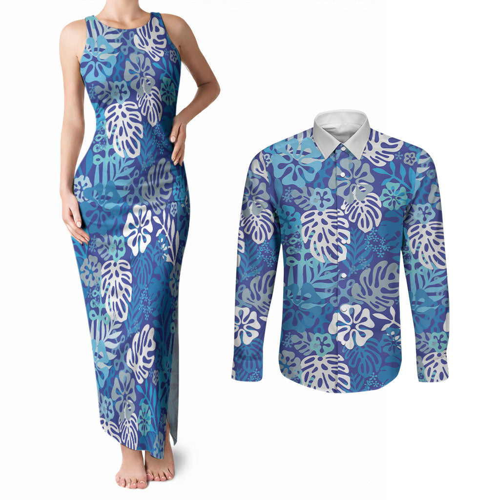 Blue Aloha Hawaiian Couples Matching Tank Maxi Dress and Long Sleeve Button Shirt Monstera Hibiscus Tropical Pattern LT19 Blue - Polynesian Pride