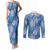 Blue Aloha Hawaiian Couples Matching Tank Maxi Dress and Long Sleeve Button Shirt Monstera Hibiscus Tropical Pattern LT19 Blue - Polynesian Pride