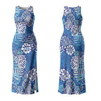 Blue Aloha Hawaiian Couples Matching Tank Maxi Dress and Long Sleeve Button Shirt Monstera Hibiscus Tropical Pattern LT19 - Polynesian Pride