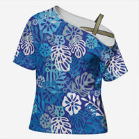 Blue Aloha Hawaiian Cross Shoulder Shirt Monstera Hibiscus Tropical Pattern LT19 Female Blue - Polynesian Pride