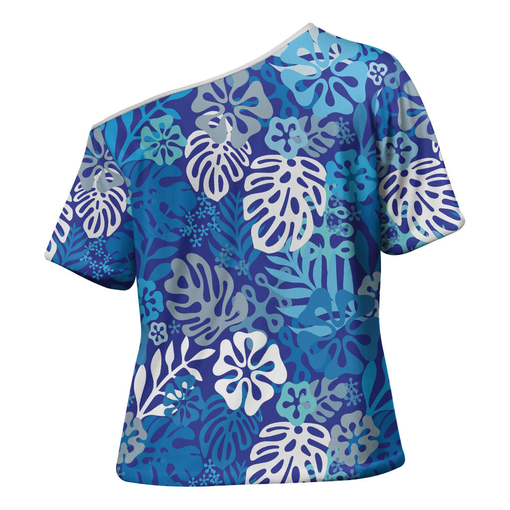 Blue Aloha Hawaiian Cross Shoulder Shirt Monstera Hibiscus Tropical Pattern LT19 - Polynesian Pride