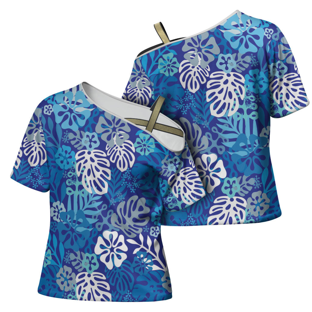 Blue Aloha Hawaiian Cross Shoulder Shirt Monstera Hibiscus Tropical Pattern LT19 - Polynesian Pride