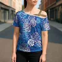 Blue Aloha Hawaiian Cross Shoulder Shirt Monstera Hibiscus Tropical Pattern LT19 - Polynesian Pride