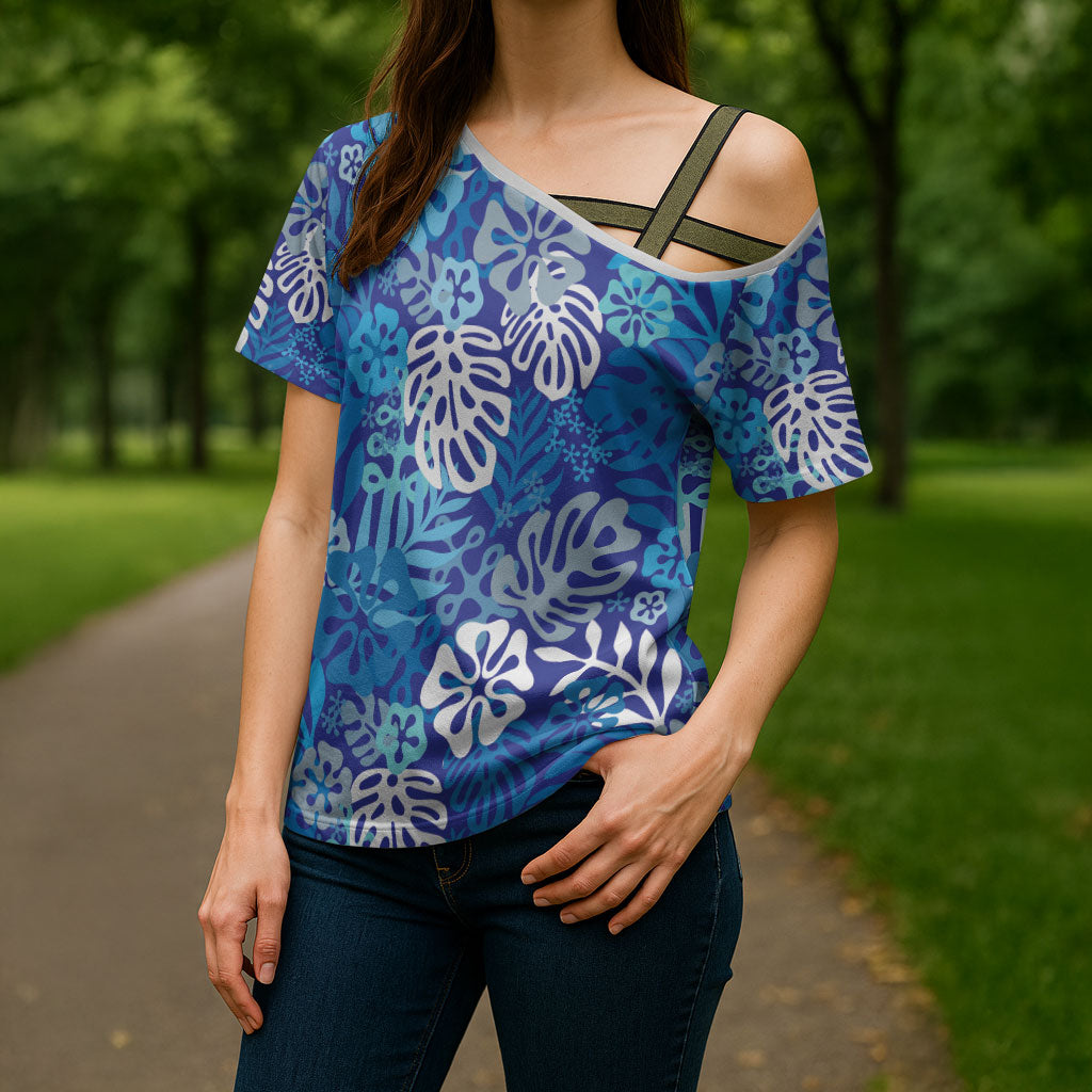 Blue Aloha Hawaiian Cross Shoulder Shirt Monstera Hibiscus Tropical Pattern LT19 - Polynesian Pride