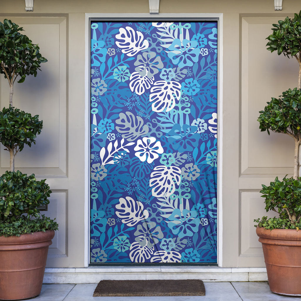 Blue Aloha Hawaiian Door Cover Monstera Hibiscus Tropical Pattern LT19 Blue - Polynesian Pride