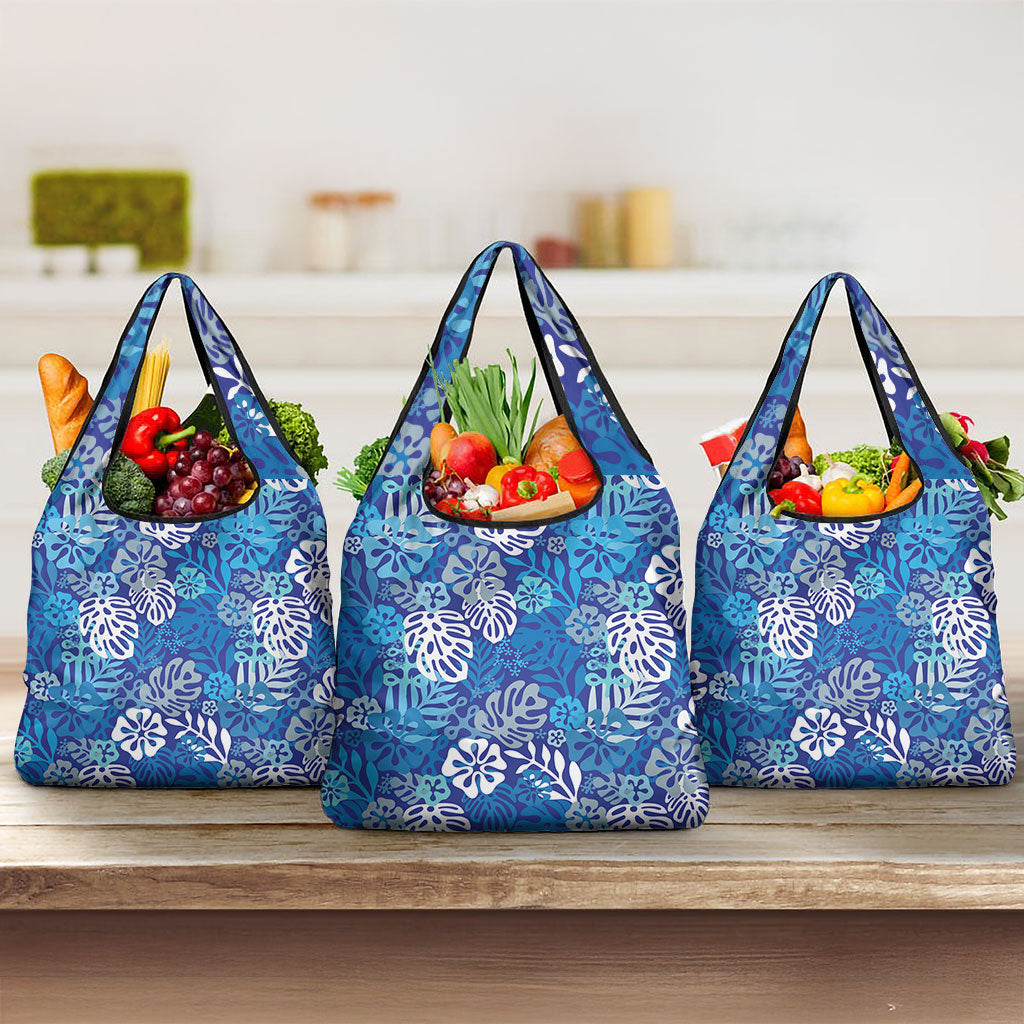 Blue Aloha Hawaiian Grocery Bag Monstera Hibiscus Tropical Pattern LT19 3-pack One Size Blue - Polynesian Pride