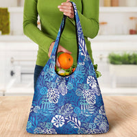 Blue Aloha Hawaiian Grocery Bag Monstera Hibiscus Tropical Pattern LT19 - Polynesian Pride