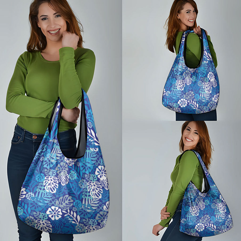 Blue Aloha Hawaiian Grocery Bag Monstera Hibiscus Tropical Pattern LT19 - Polynesian Pride