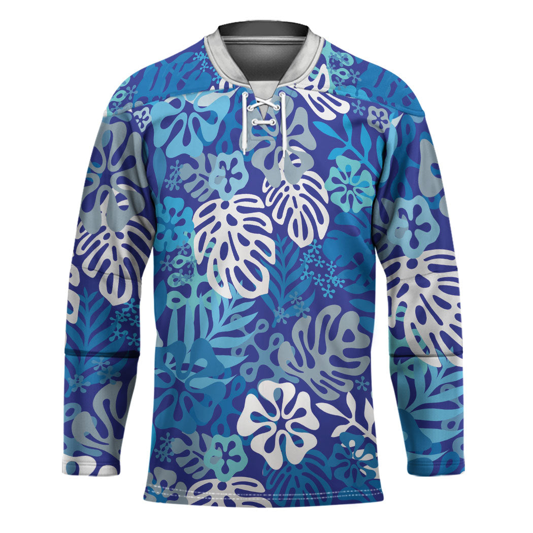 Blue Aloha Hawaiian Hockey Jersey Monstera Hibiscus Tropical Pattern LT19 Unisex Blue - Polynesian Pride