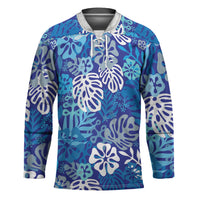 Blue Aloha Hawaiian Hockey Jersey Monstera Hibiscus Tropical Pattern LT19 Unisex Blue - Polynesian Pride