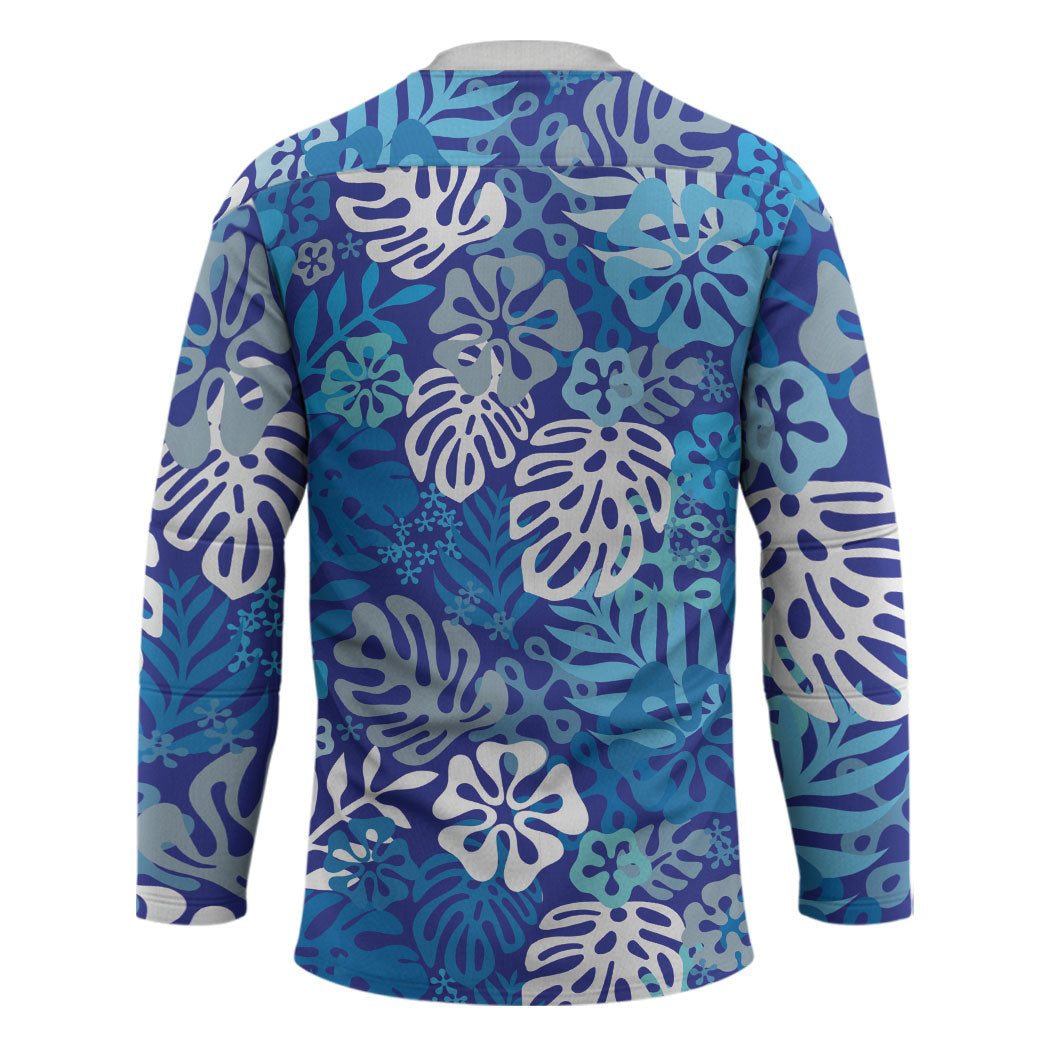 Blue Aloha Hawaiian Hockey Jersey Monstera Hibiscus Tropical Pattern LT19 - Polynesian Pride