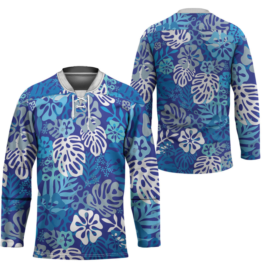 Blue Aloha Hawaiian Hockey Jersey Monstera Hibiscus Tropical Pattern LT19 - Polynesian Pride