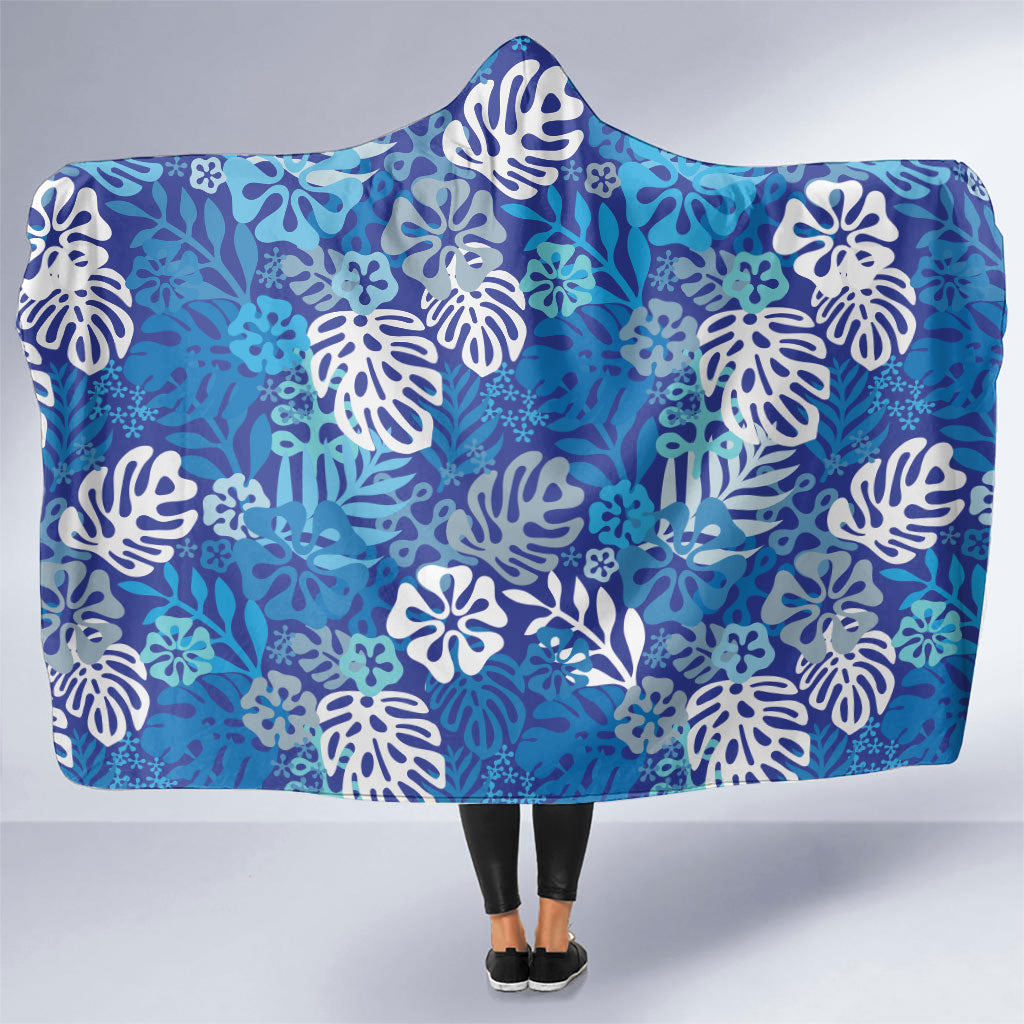 Blue Aloha Hawaiian Hooded Blanket Monstera Hibiscus Tropical Pattern LT19 One Size Blue - Polynesian Pride