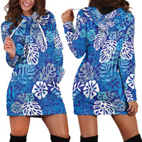 Blue Aloha Hawaiian Hoodie Dress Monstera Hibiscus Tropical Pattern LT19 - Polynesian Pride