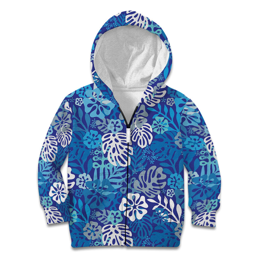 Blue Aloha Hawaiian Kid Hoodie Monstera Hibiscus Tropical Pattern LT19 Zip Hoodie Blue - Polynesian Pride