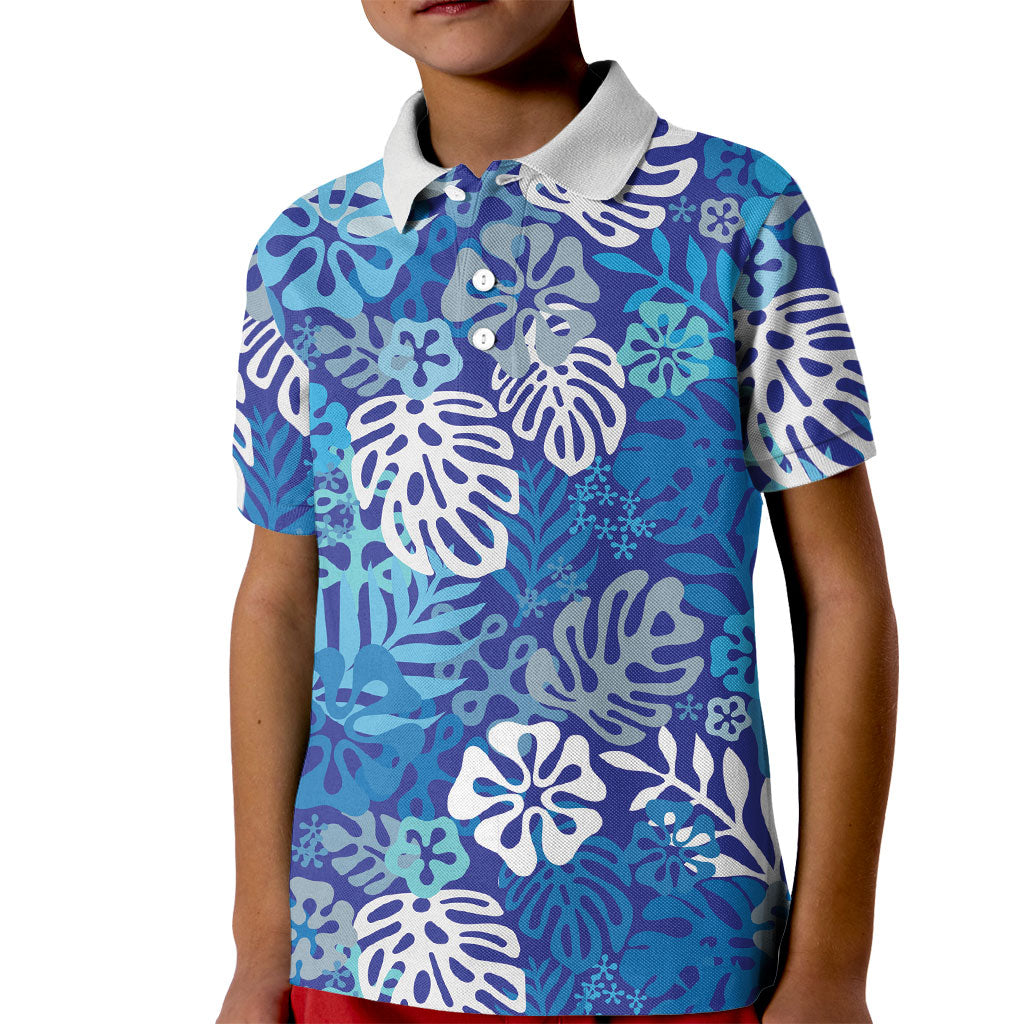 Blue Aloha Hawaiian Kid Polo Shirt Monstera Hibiscus Tropical Pattern LT19 Kid Blue - Polynesian Pride