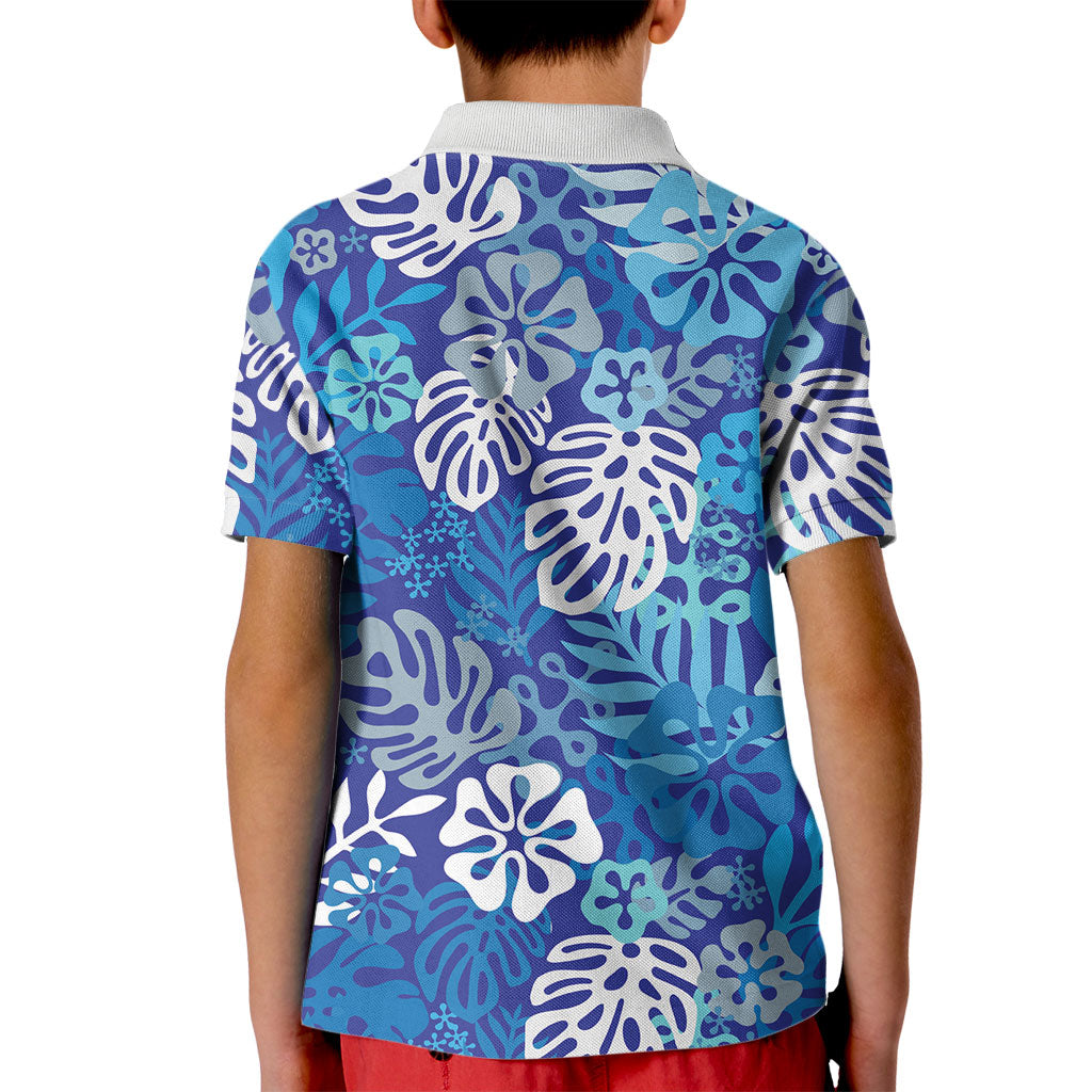 Blue Aloha Hawaiian Kid Polo Shirt Monstera Hibiscus Tropical Pattern LT19 - Polynesian Pride