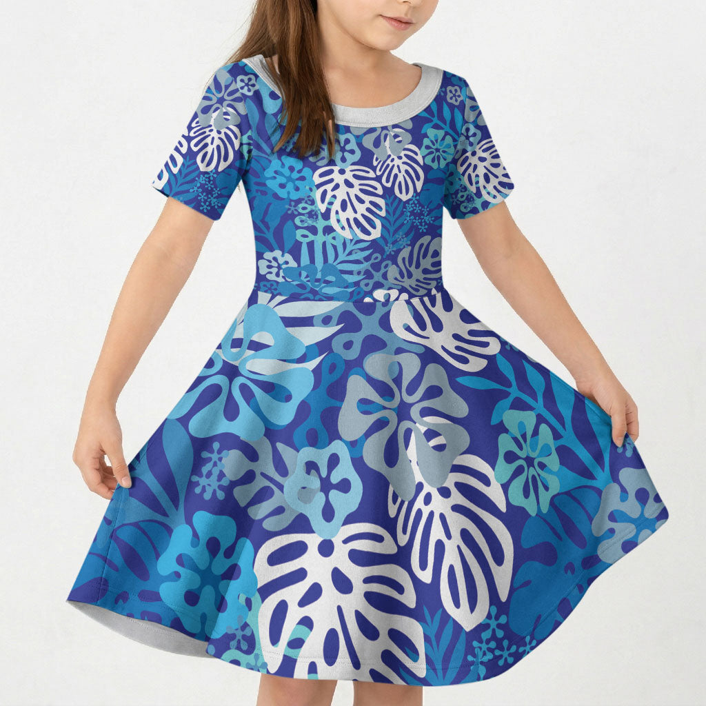Blue Aloha Hawaiian Kid Short Sleeve Dress Monstera Hibiscus Tropical Pattern LT19 KID Blue - Polynesian Pride