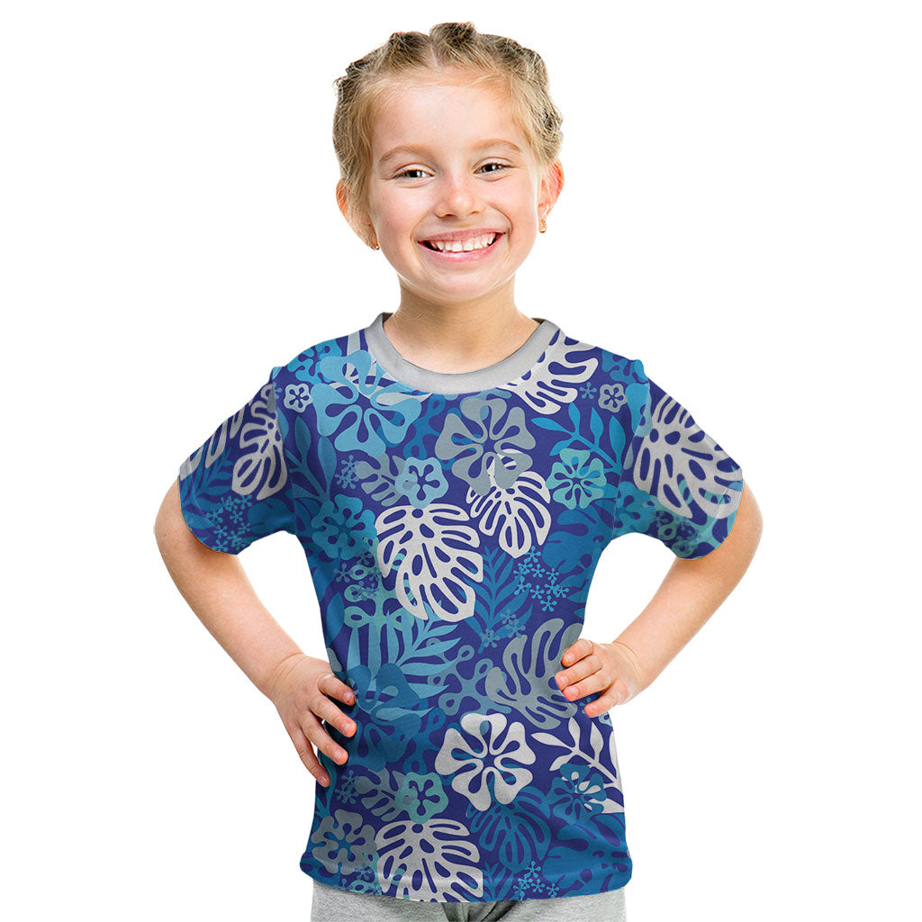 Blue Aloha Hawaiian Kid T Shirt Monstera Hibiscus Tropical Pattern LT19 Blue - Polynesian Pride
