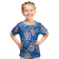 Blue Aloha Hawaiian Kid T Shirt Monstera Hibiscus Tropical Pattern LT19 Blue - Polynesian Pride