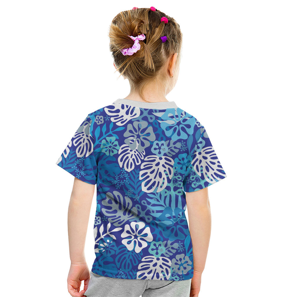 Blue Aloha Hawaiian Kid T Shirt Monstera Hibiscus Tropical Pattern LT19 - Polynesian Pride