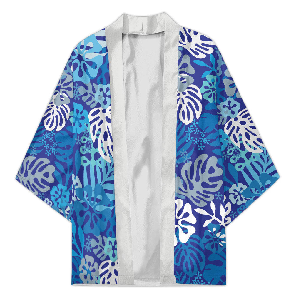Blue Aloha Hawaiian Kimono Monstera Hibiscus Tropical Pattern LT19 Unisex Blue - Polynesian Pride