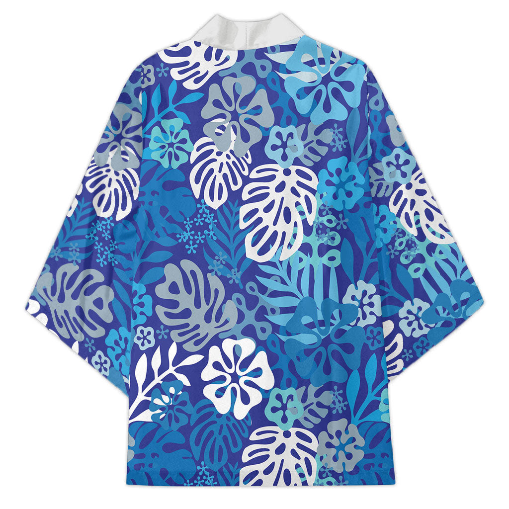 Blue Aloha Hawaiian Kimono Monstera Hibiscus Tropical Pattern LT19 - Polynesian Pride