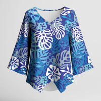 Blue Aloha Hawaiian Kimono Sleeve Blouse Monstera Hibiscus Tropical Pattern LT19 Female Blue - Polynesian Pride