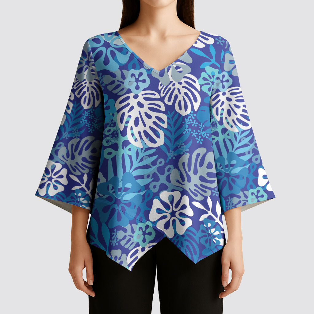 Blue Aloha Hawaiian Kimono Sleeve Blouse Monstera Hibiscus Tropical Pattern LT19 - Polynesian Pride