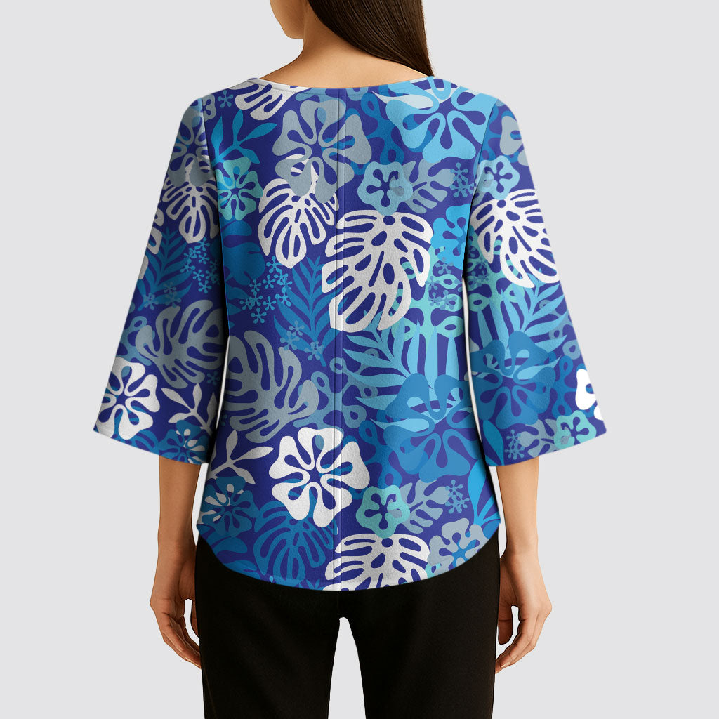 Blue Aloha Hawaiian Kimono Sleeve Blouse Monstera Hibiscus Tropical Pattern LT19 - Polynesian Pride