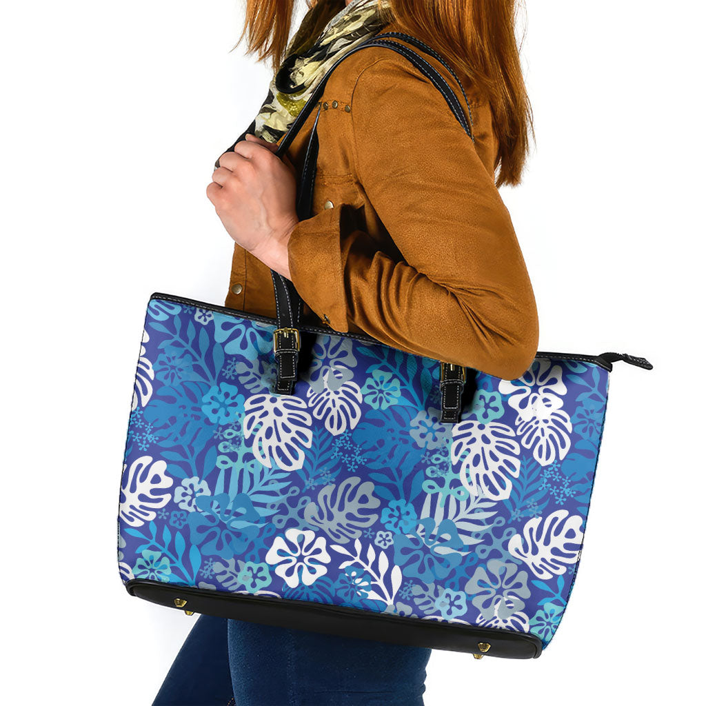 Blue Aloha Hawaiian Leather Tote Bag Monstera Hibiscus Tropical Pattern LT19 Blue - Polynesian Pride