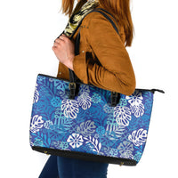 Blue Aloha Hawaiian Leather Tote Bag Monstera Hibiscus Tropical Pattern LT19 Blue - Polynesian Pride
