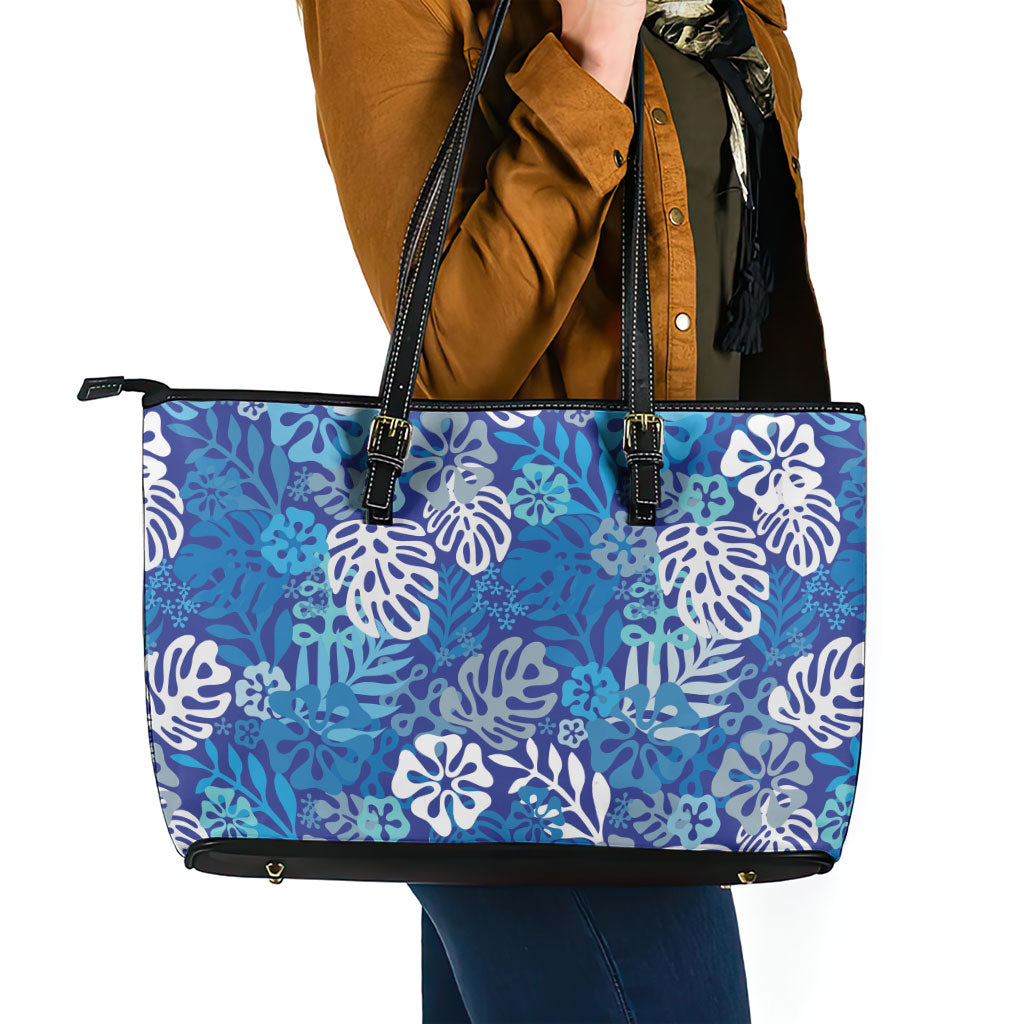 Blue Aloha Hawaiian Leather Tote Bag Monstera Hibiscus Tropical Pattern LT19 - Polynesian Pride