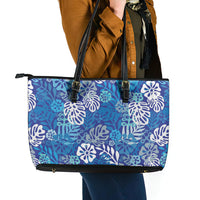 Blue Aloha Hawaiian Leather Tote Bag Monstera Hibiscus Tropical Pattern LT19 - Polynesian Pride