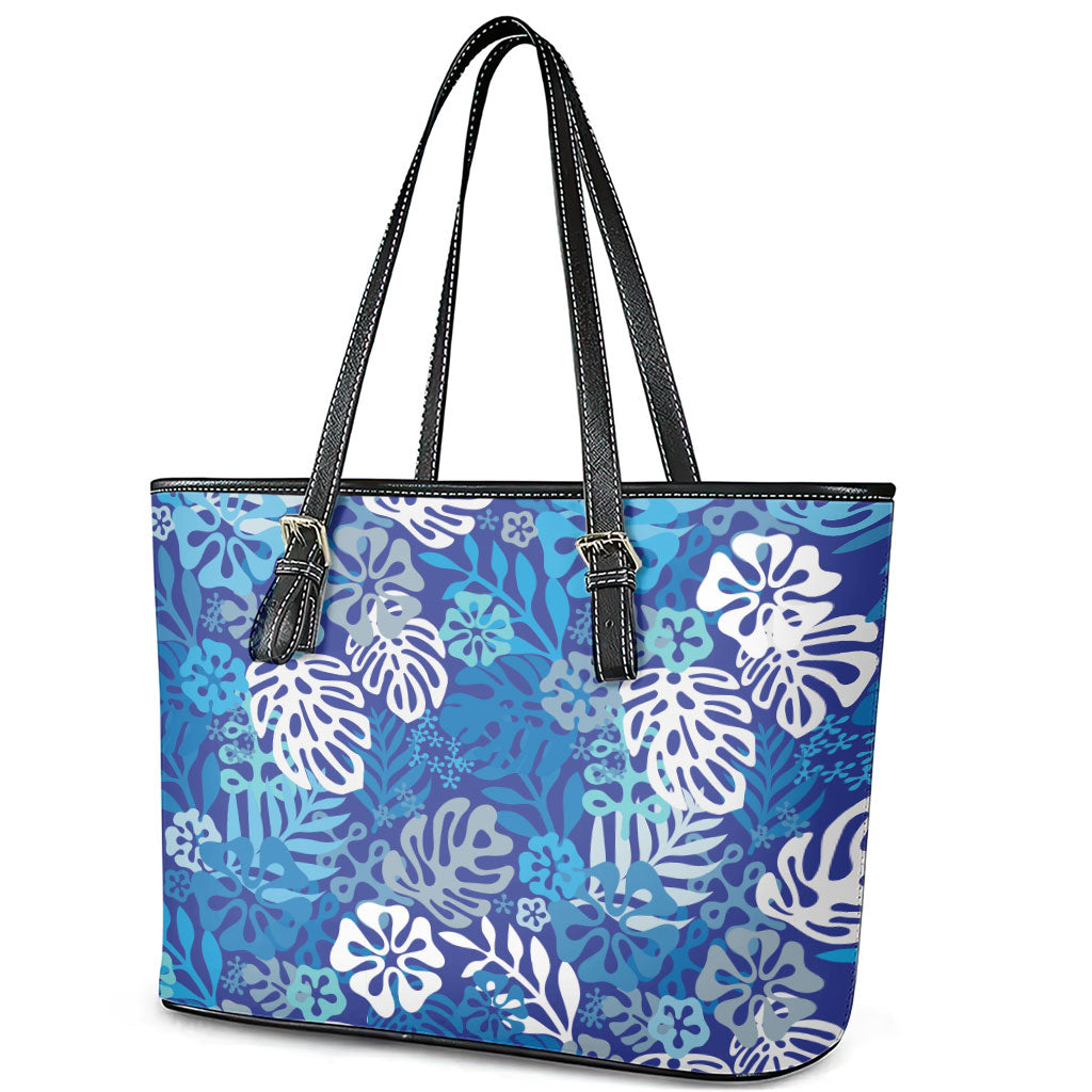 Blue Aloha Hawaiian Leather Tote Bag Monstera Hibiscus Tropical Pattern LT19 - Polynesian Pride