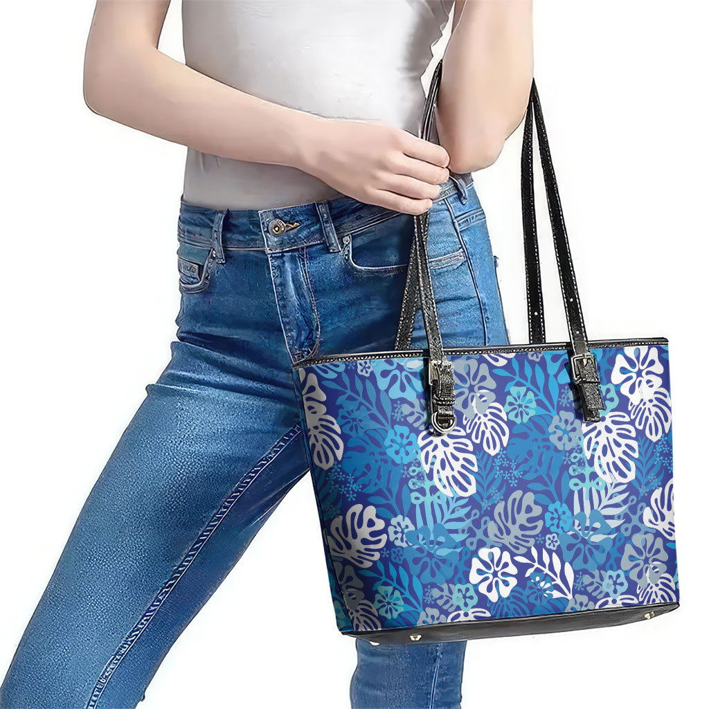 Blue Aloha Hawaiian Leather Tote Bag Monstera Hibiscus Tropical Pattern LT19 - Polynesian Pride