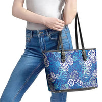 Blue Aloha Hawaiian Leather Tote Bag Monstera Hibiscus Tropical Pattern LT19 - Polynesian Pride