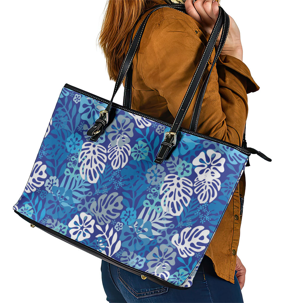 Blue Aloha Hawaiian Leather Tote Bag Monstera Hibiscus Tropical Pattern LT19 - Polynesian Pride