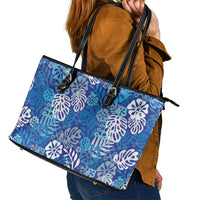 Blue Aloha Hawaiian Leather Tote Bag Monstera Hibiscus Tropical Pattern LT19 - Polynesian Pride