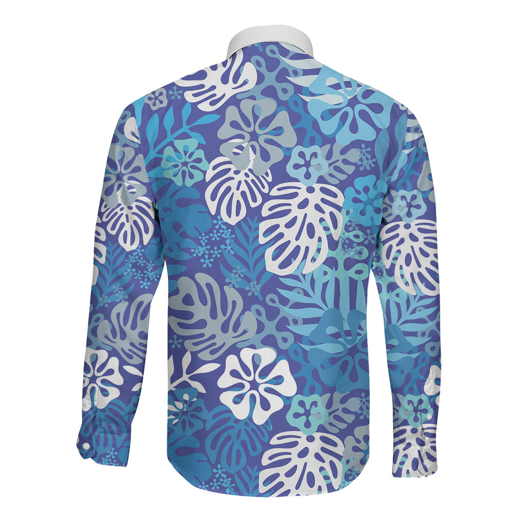 Blue Aloha Hawaiian Long Sleeve Button Shirt Monstera Hibiscus Tropical Pattern LT19 - Polynesian Pride
