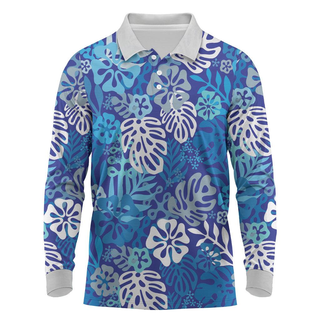 Blue Aloha Hawaiian Long Sleeve Polo Shirt Monstera Hibiscus Tropical Pattern LT19 Blue - Polynesian Pride