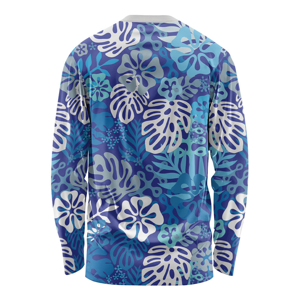 Blue Aloha Hawaiian Long Sleeve Shirt Monstera Hibiscus Tropical Pattern LT19 - Polynesian Pride