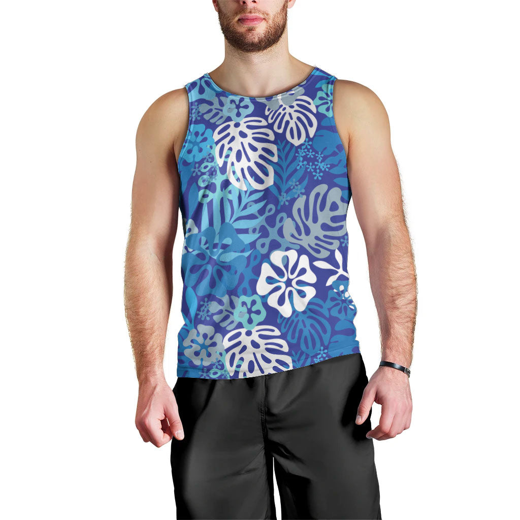 Blue Aloha Hawaiian Men Tank Top Monstera Hibiscus Tropical Pattern LT19 - Polynesian Pride
