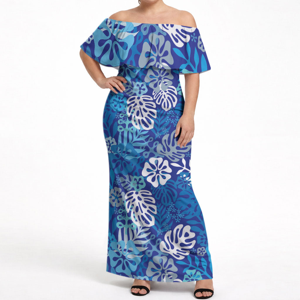 Blue Aloha Hawaiian Off Shoulder Maxi Dress Monstera Hibiscus Tropical Pattern LT19 Women Blue - Polynesian Pride