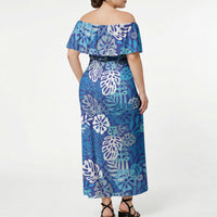 Blue Aloha Hawaiian Off Shoulder Maxi Dress Monstera Hibiscus Tropical Pattern LT19 - Polynesian Pride