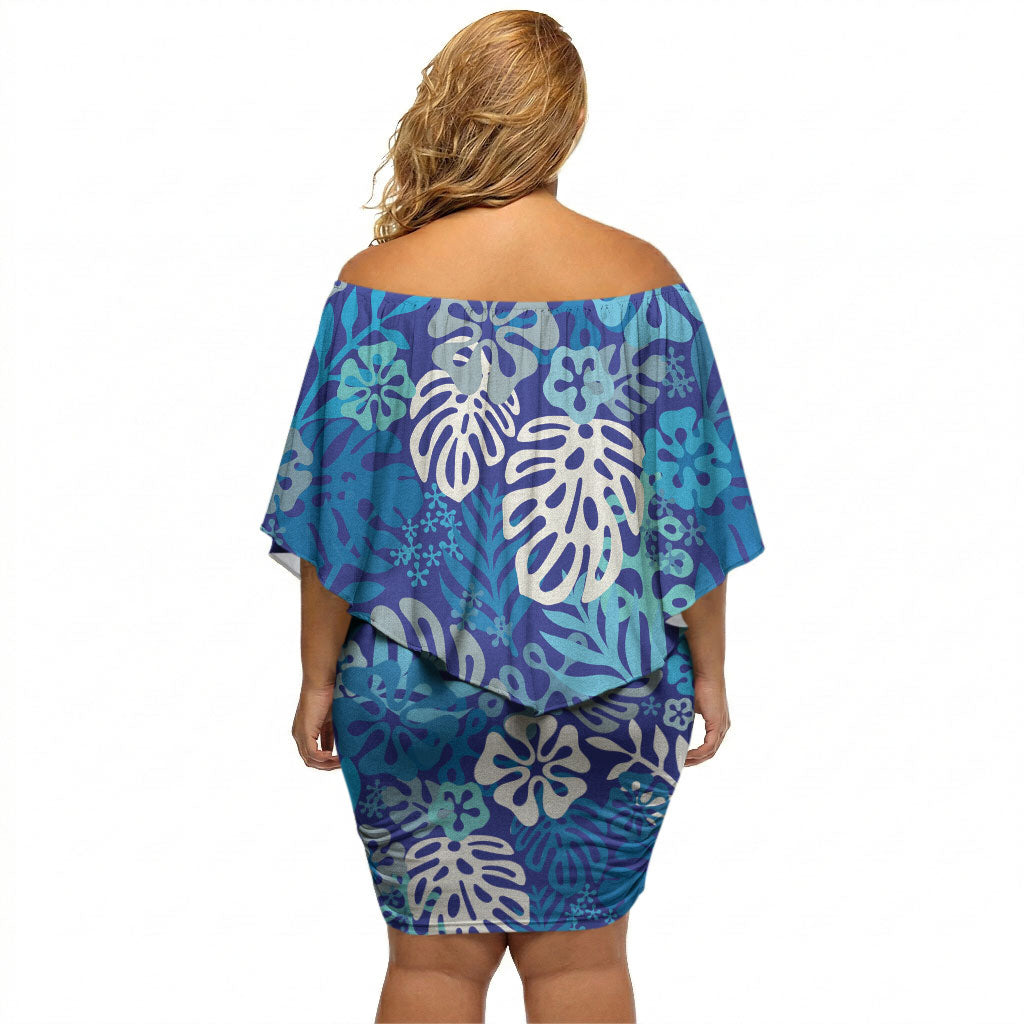 Blue Aloha Hawaiian Off Shoulder Short Dress Monstera Hibiscus Tropical Pattern LT19 - Polynesian Pride