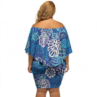 Blue Aloha Hawaiian Off Shoulder Short Dress Monstera Hibiscus Tropical Pattern LT19 - Polynesian Pride