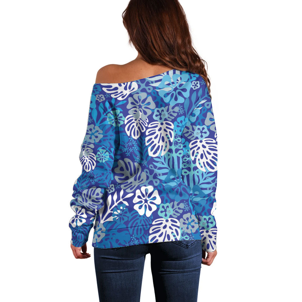 Blue Aloha Hawaiian Off Shoulder Sweater Monstera Hibiscus Tropical Pattern LT19 - Polynesian Pride