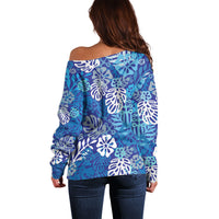 Blue Aloha Hawaiian Off Shoulder Sweater Monstera Hibiscus Tropical Pattern LT19 - Polynesian Pride