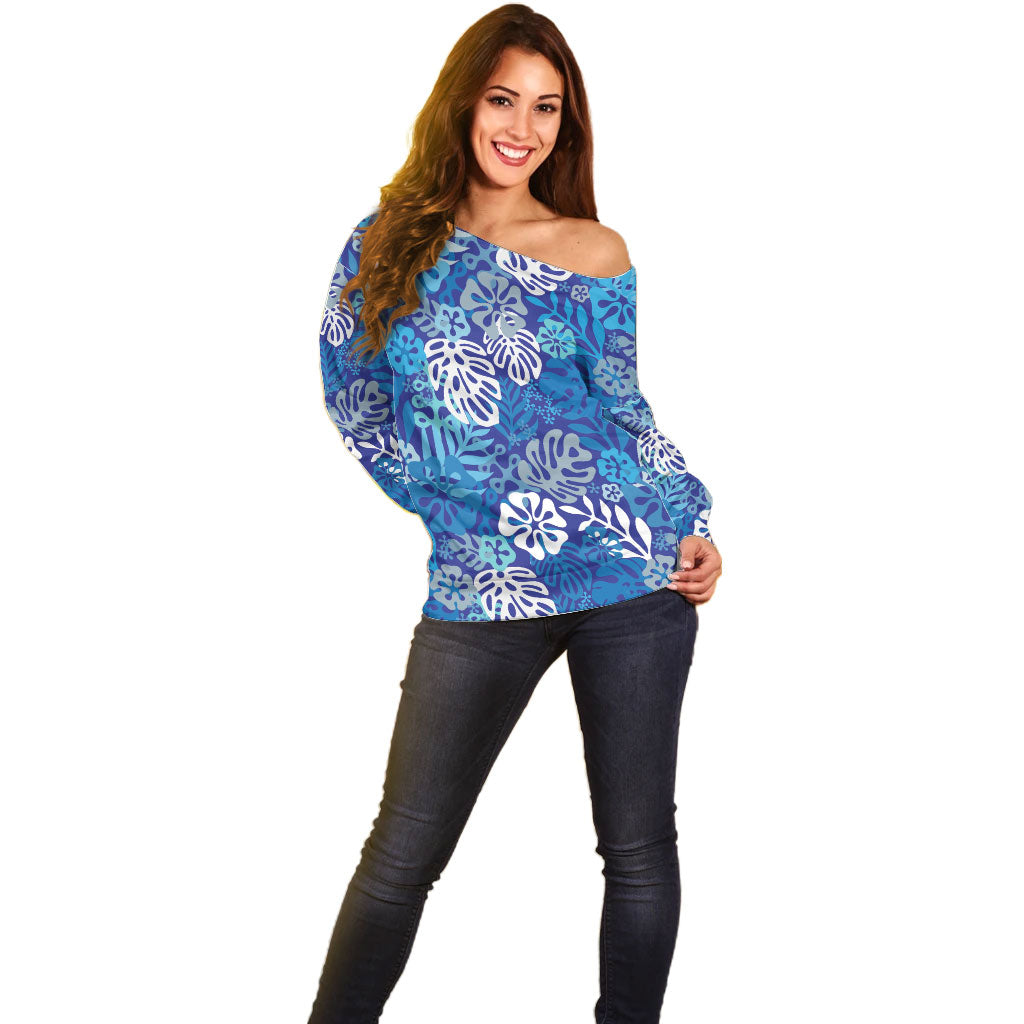 Blue Aloha Hawaiian Off Shoulder Sweater Monstera Hibiscus Tropical Pattern LT19 - Polynesian Pride